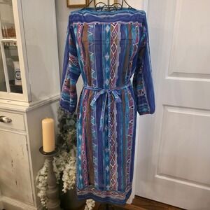 BOBBY'S GIRL 70s Belted Dress Sz‎ 12 Blue Aztec Stripe Boho Southwestern Retro